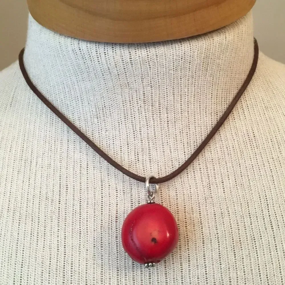 Red Coral Cord Necklace & Sterling Earrings